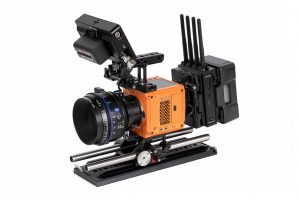 RED Komodo outfitted with Wooden Camera Accessory Kit Pro (Gold-Mount) for RED KOMODO, Teradek Bolt 4K, SmallHD Focus Pro, and Zeiss CP.3 lens